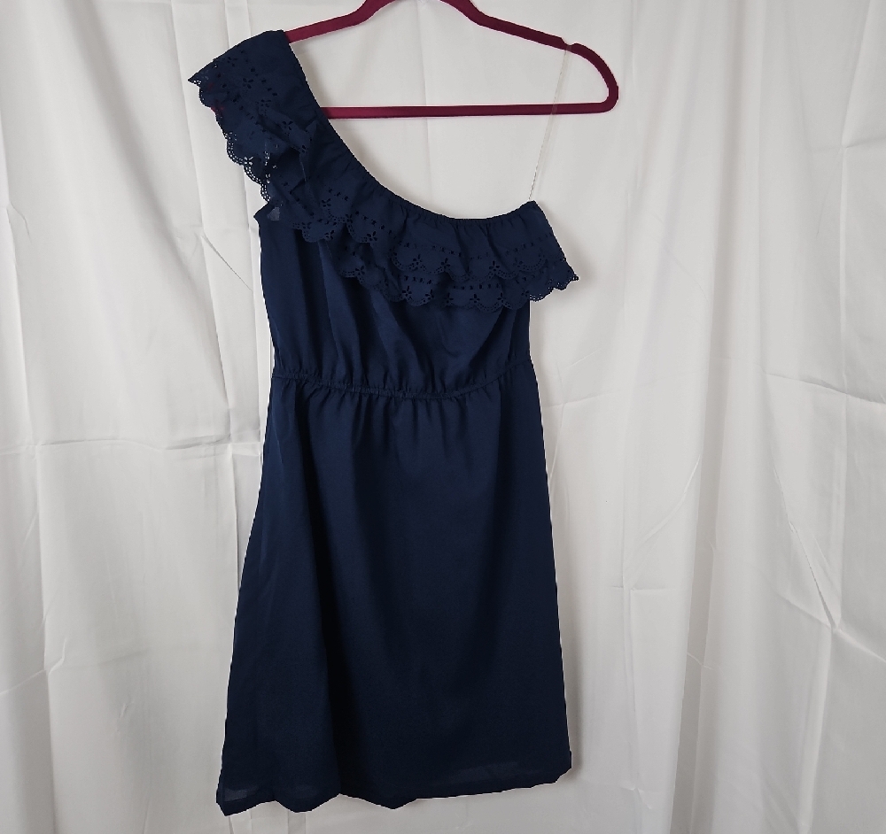 Mine Womens Sz Small midi Navy One-Shoulder Dress Eyelet elastic waist festive